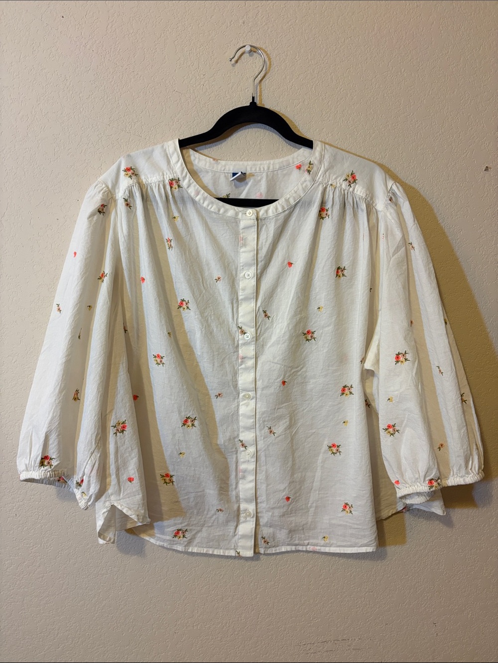 Old Navy 3/4 Sleeve Button-Front Blouse with Subtle Floral Embroidered Accents